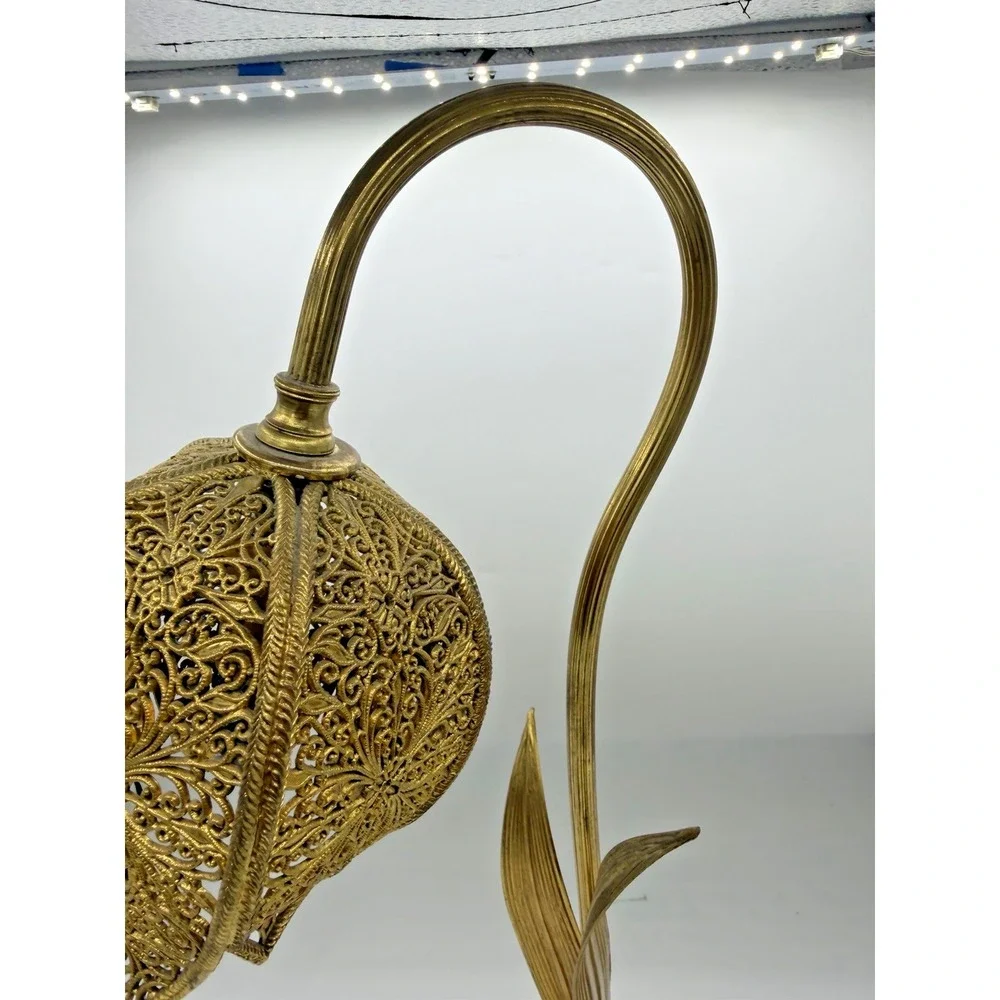 Vintage Tulip Flower Filigree Metal Table Lamp Antique Gold Tone Boho Heyco